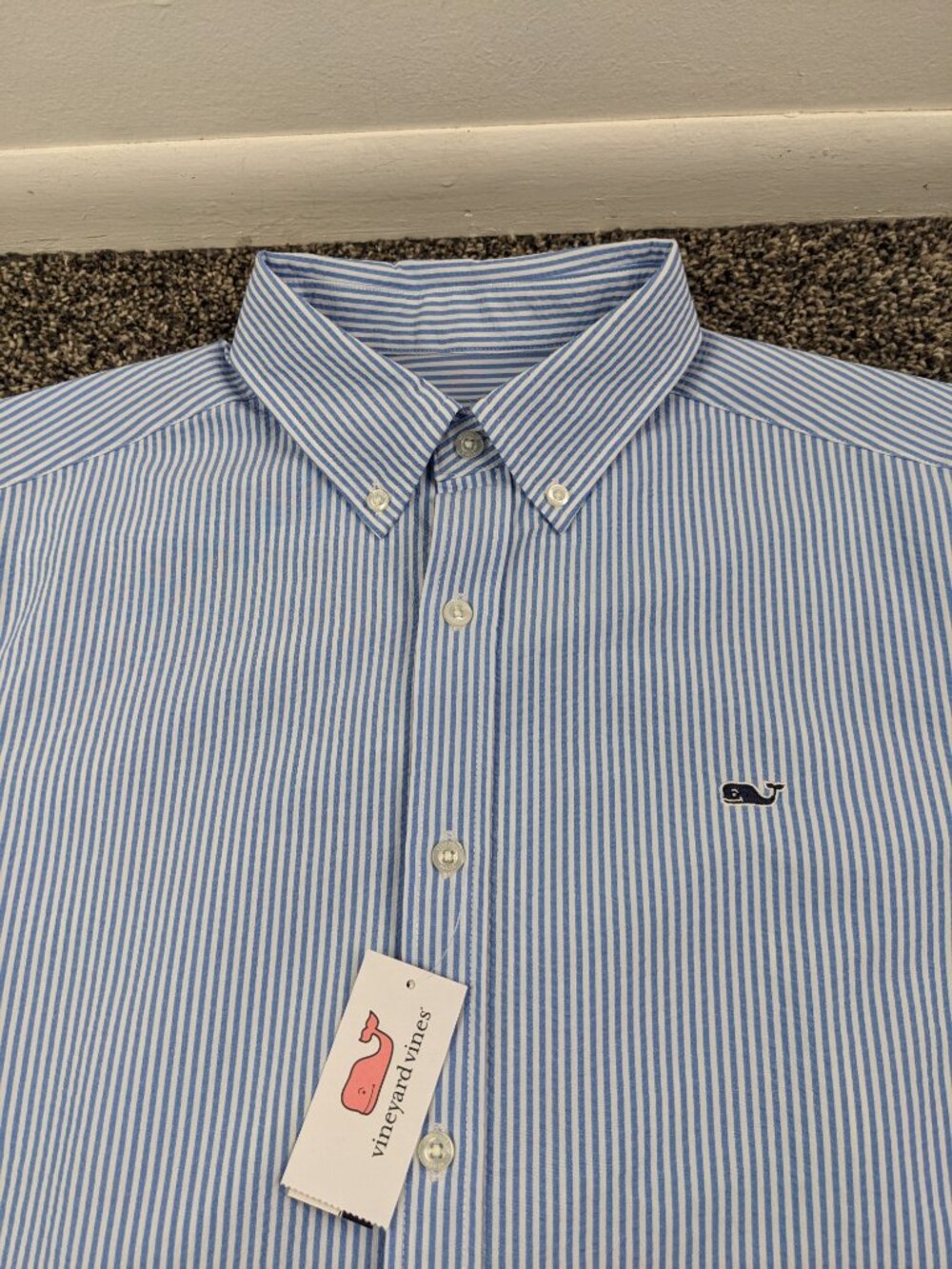 NWT 2024 Vineyard Vines Shirt Seersucker Striped SS Performance Blue Mens Medium